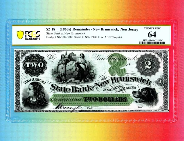 New Jersey State Bank at New Brunswick $2 US Obsolete Currency PCGS 64 RARE WOW