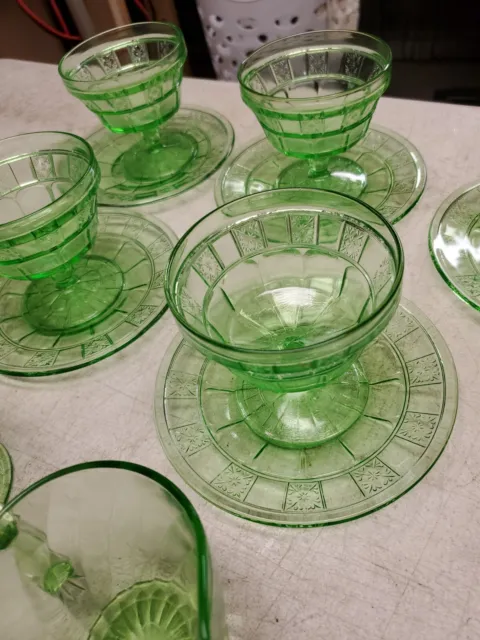 12pcs JEANETTE  DORIC 6” GREEN DERESSION GLASS PLATES 3.5" Sherbert  Creamer 2