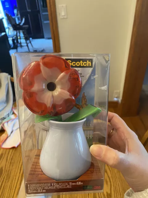 Scotch Magic Tape Dispenser Red Flower in Pot - Discontinued Brand New in Box