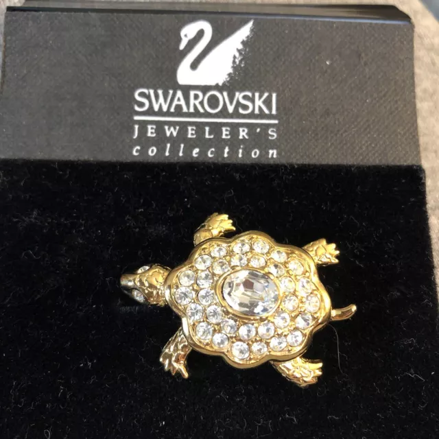 Swarovski Swan Logo Rhinestone Crystal And Gold Tone Turtle Tortoise Brooch Pin