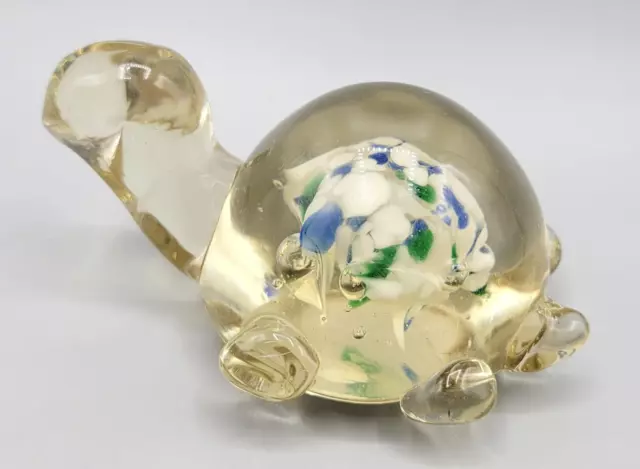 Vintage Blown Glass Crystal Turtle Paperweight Figurine Clear Blue Green White