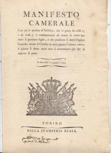Y172-Piemonte-Monete-Fine Corso Legale 1794