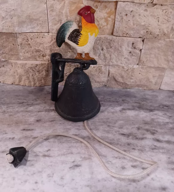 Vintage Cast Iron Hand Painted Rooster Wall Mount Dinner Bell