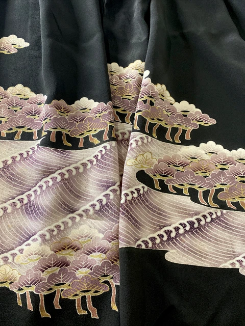 Vintage Japanese Kimono Silk Fabric, Black Tomesode triple Panel, 108cm x 176cm
