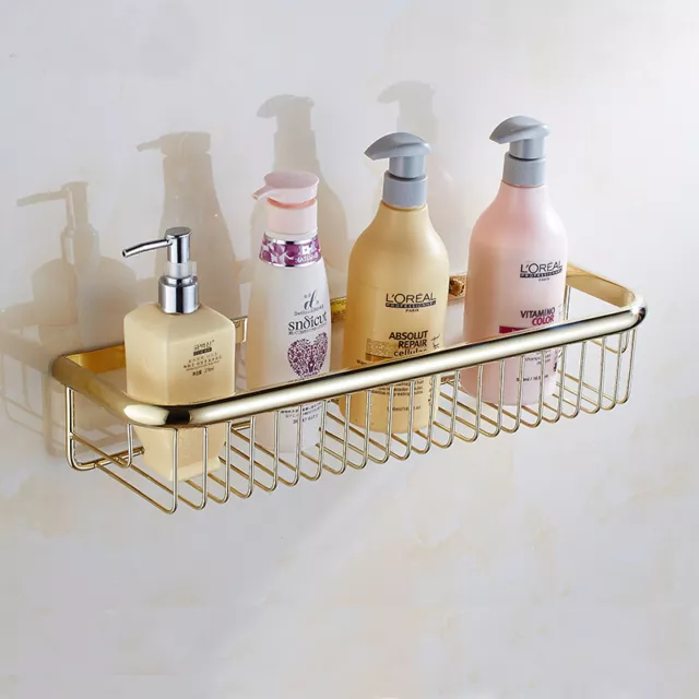 Polished Gold Brass Wall Mounted Bathroom Shower Storage Caddy Shelf Basket