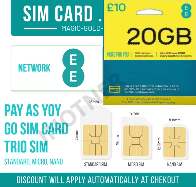 EE Sim Card Pay As You Go £10 Pack 20GB Data Unlim SMS Mini Micro Nano SALE