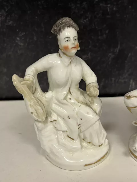 Pair Antique English Continental Porcelain Seated Asian Man Woman Figurines 19C 3