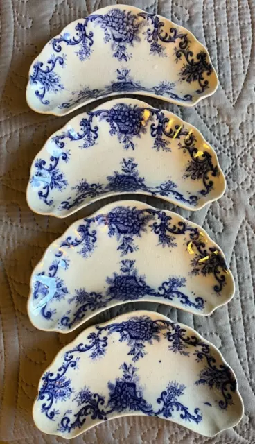 Antique Royal Flo Blue "Martha" Scalloped Crescent  Shape Bone Dishes, England