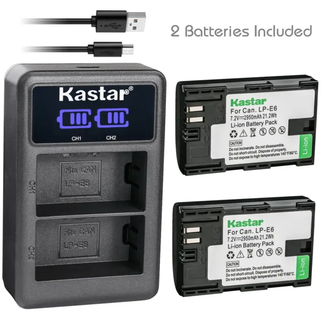 Kastar Battery + Charger for Canon LP-E6 3347B001 5D 6D 7D 60D 70D 80D XC10 XC15