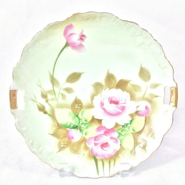 Lefton China Green Heritage Rose Handled Cake Serving Plate 1 Avail #719 9"D