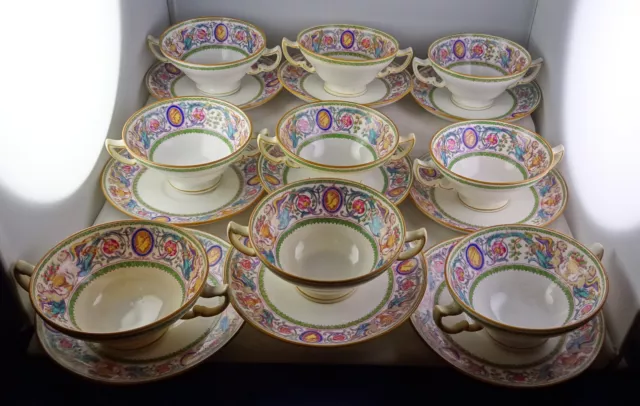 8 Antique Minton Porcelain Bouillon Cup & Saucer Sets Lady Griffons Urns HP