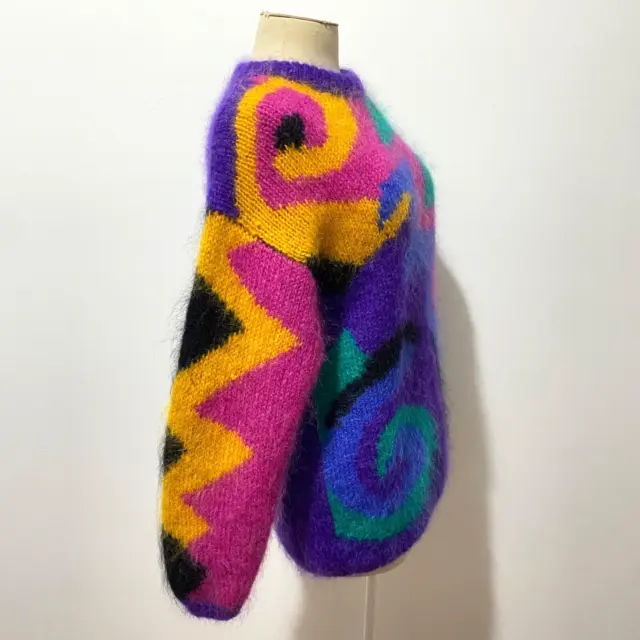 Monmatre S Jumper 80s Mohair Wool Blend Colourful Bright Abstract Hand Knit 2