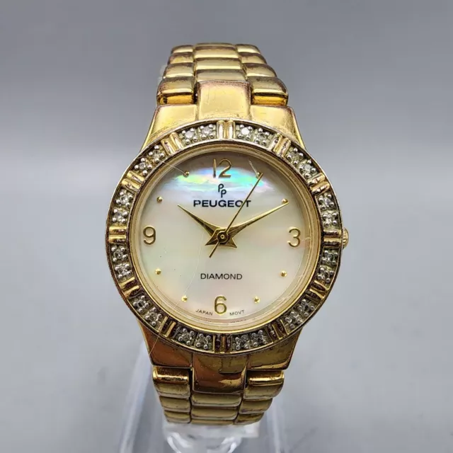 Peugeot Watch Women 25mm MOP Dial Gold Tone Diamonds Round  New Battery