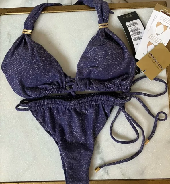 VIX Paula Hermanny BLUE Gold Finishing Bikini Set NWT MEDIUM. Draped Side Tie.