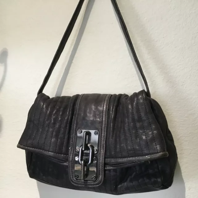 TREESJE Dark Gray Leather Fold-over Hobo Shoulder Handbag - 12"