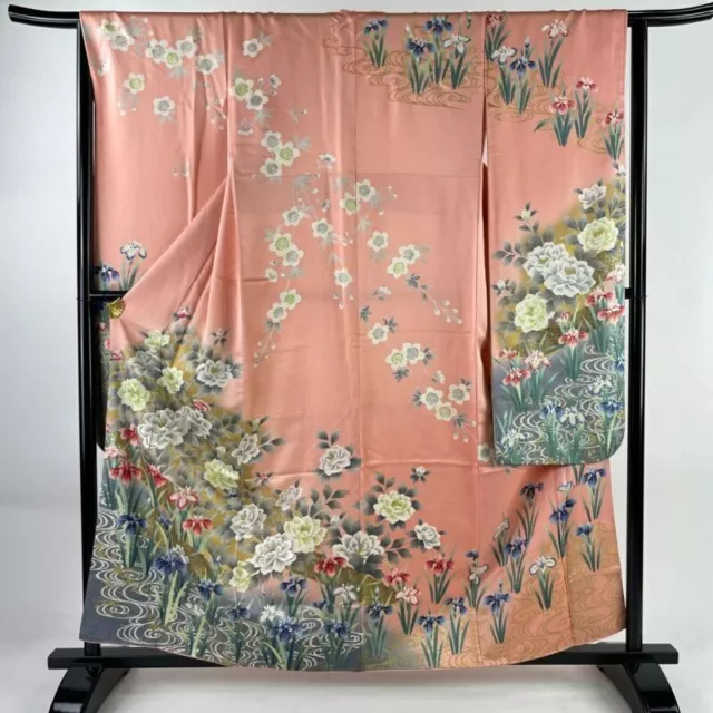 Japanese Kimono Furisode Pure Silk Moutan Calamus Embroidery Peach Colored