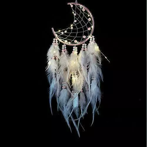 Dream Catcher with LED Lights Handmade Pink Feather Moon Dreamcatcher Wall