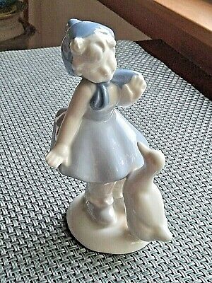 Gerold Porcelain Figurine Girl with Goose Bavarian Blue & White/ West Germany