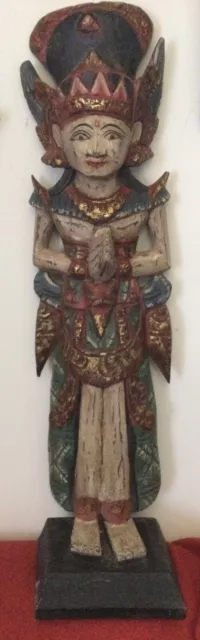 Sculpture Bali En Bois Exotique Polychrome & Or Dewi Sita Déesse Bouddha H67 Cm