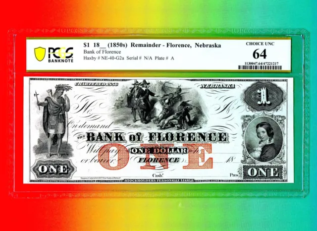 1850s $1 Bank of Florence Nebraska OBSOLETE CURRENCY Beaver Indians  PCGS 64 wow
