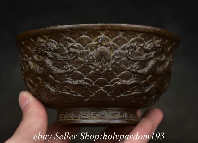 4.6" Marked Old Chinese purple Bronze Dynasty Dragon Round Bowl Statue