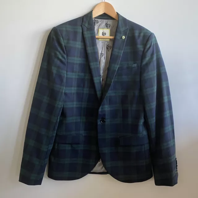 Noose & Monkey Blazer Jacket Mens 98% Wool Navy Blue Green Check Size 38 R