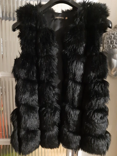WOMENS LANSHIFEI BLACK Faux Fur Gilet Sleeveless Jacket Lined 10.00 PicClick UK
