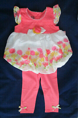 Girls 2 pc. outfit 4T dress shirt leggings coral and flowers spring summer  NEW
