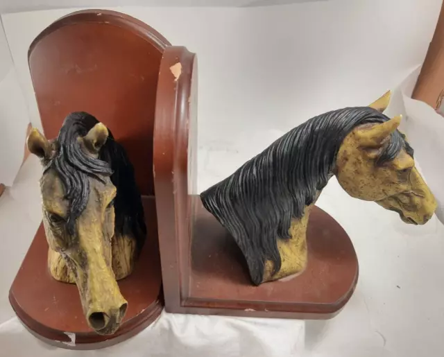Vintage Horse Head Book Ends Bookends Equestrian Black Manes Dun? Buckskin Wood