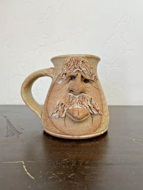 Pottery Face Mug Stien Handmade Anthropomorpic Tongue Out Mustache Unsigned