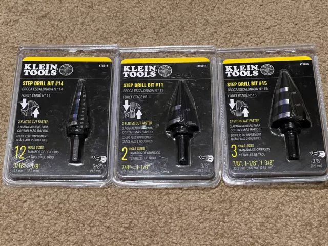 Klein Tools Step Drill Bit 3Pc. Set , Ktsb15 , Ktsb14 ,& Ktsb11 All New .