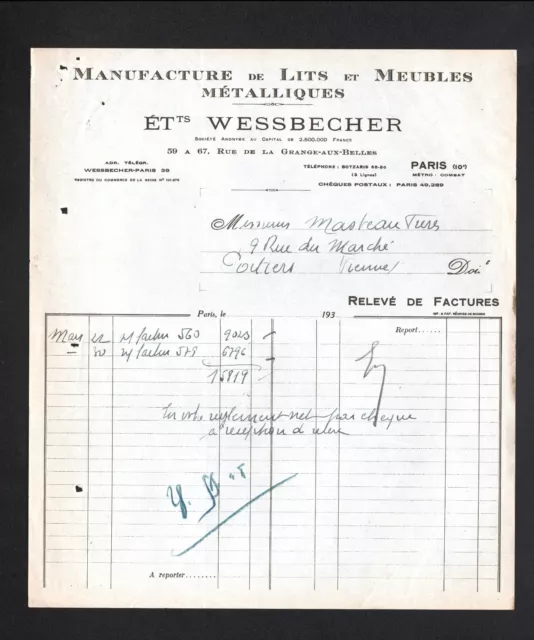 PARIS (X°) USINE de LITS & MEUBLES METALLIQUES "Ets. WESSBECHER" en 1948