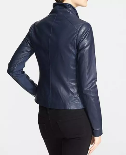 VINCE Scuba Lambskin Leather Biker Jacket Small Blue Motorcycle Asymmetric 3