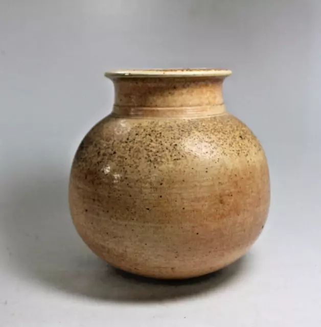 Vintage Mid Century Stoneware Bulbous Vase RT CW Signed Studio Pottery MCM Beige