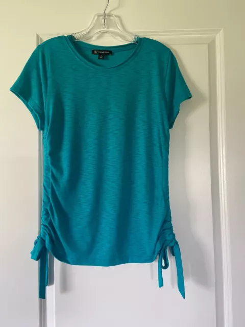 INC International Concepts Sz M or S Teal Blue Fitted Knit TOP Ruched Side Ties