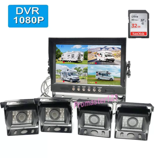 4CH 9" IPS DVR Monitor System 4x HD 1080P RV Truck Rear View Backup Camera Kit