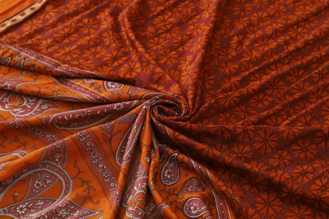 Vintage Krepp Saree Pure 100% Seide Bedruckt Indischer Sari Stoff 4.6m Orange