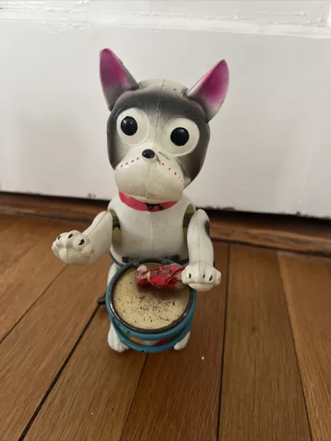 Antique PreWar Japan French Bulldog Boston Terrier Drummer Wind Up Toy 8.5”