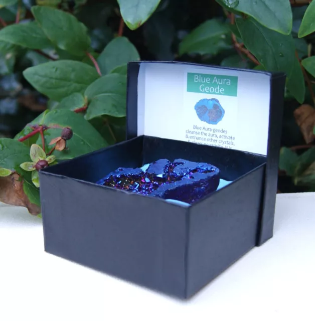 Cobalt Blue Aura Geode Quartz Crystal Healing Reiki Mineral Presentation Box 6cm