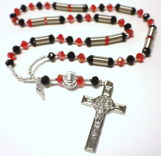 N5 Black & Red Beads Spring Rosary Crucifix Necklace Pendant Catholic Prayer