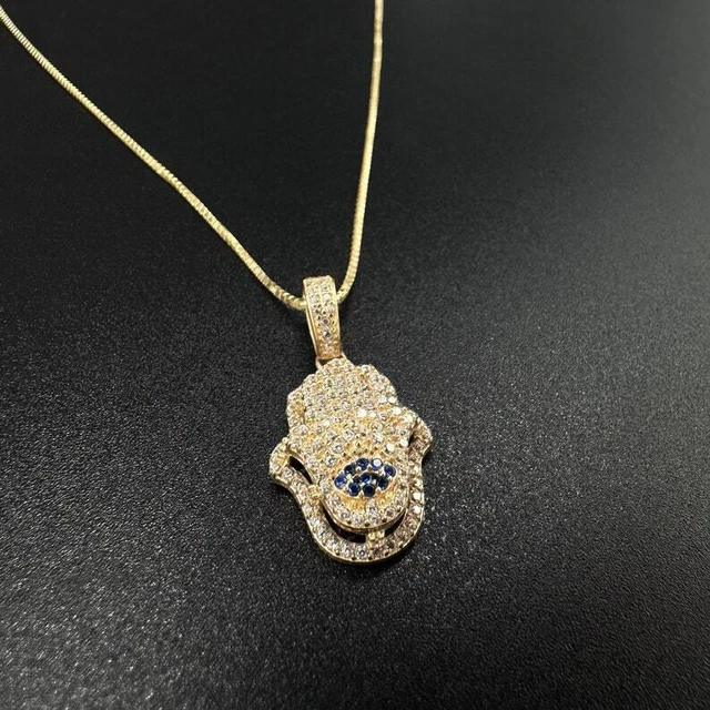 Hamsa Hand Evil Eye Pendant Chain Necklace Real 10K Solid Yellow Gold Jewelry
