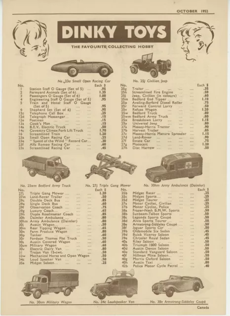 MECCANO England DINKY TOYS Canada October 1952 Price List sheet RARE