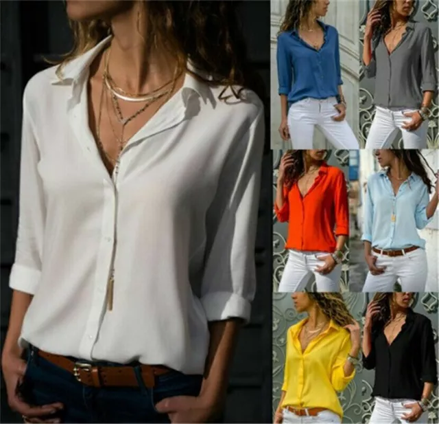 Womens Chiffon V Neck Tops Ladies Long Sleeve Buttons T Shirt Blouse Plus Size