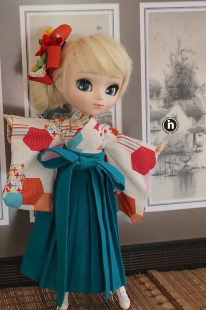 Handmade Pullip / Blythe / 1/6 scale doll clothes - Teal Kimono / Hakama