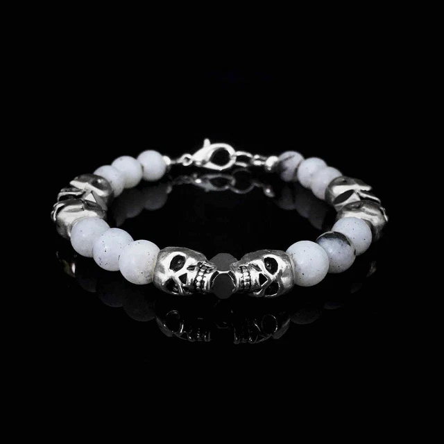 💀 Silver Skull Labradorite and Hematite Beaded Bracelet Handmade Men’s Jewelry