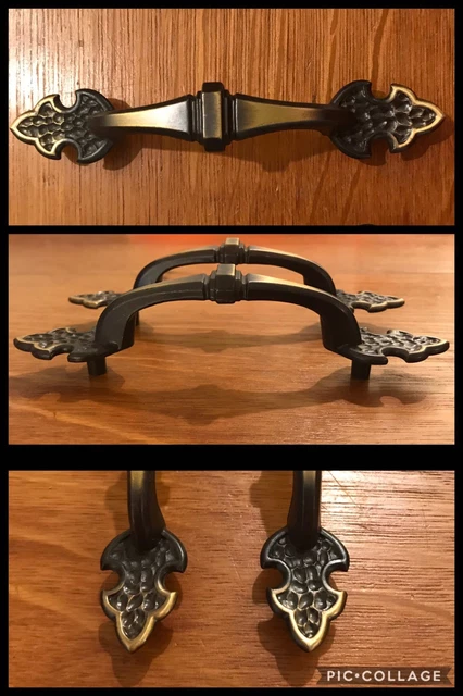 2 Handles Fleur De Lis Victorian Foot Pulls Antique Brass Cabinet Drawer Vintage