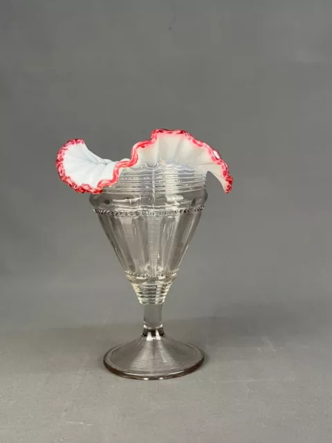 C 1902 Jefferson Glass FLUTED BARS and BEADS 7" Vase Opalescent Ruffle Pink Dots 2