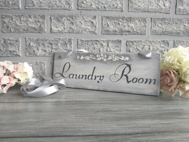 Rustic Laundry Room Door Sign Distressed Wood Wall Hanging Gray Plaque Handmade