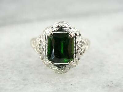 Gorgeous 1.30 CT Emerald Cut Green Garnet Filigree Wedding Women's  925 SS Ring