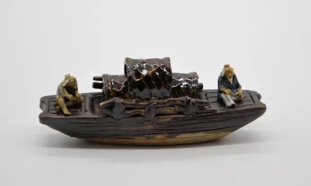 Chinese Shiwan Mudman Mudmen Glazed Clay Art Pottery Boat with 2 Fishermen D-9